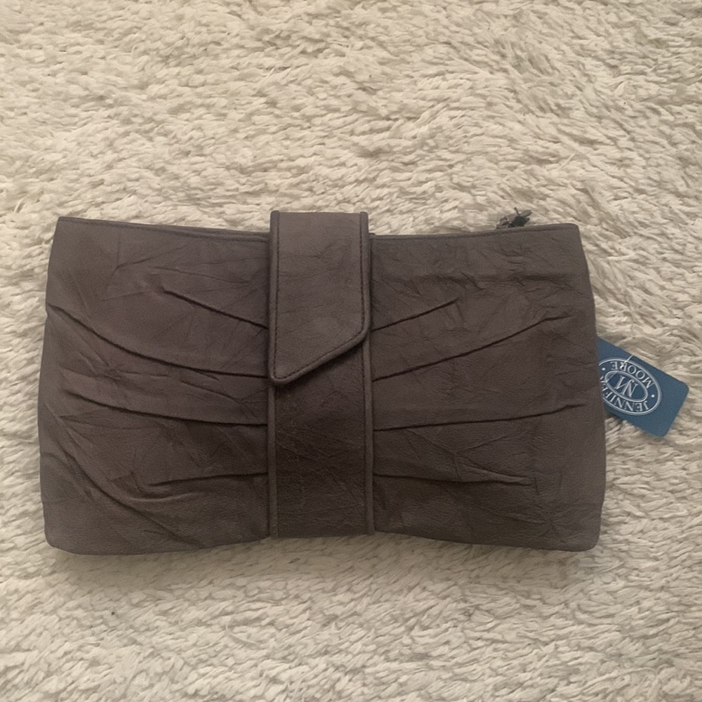 VINTAGE Jumbo Gray Leather Clutch Purse